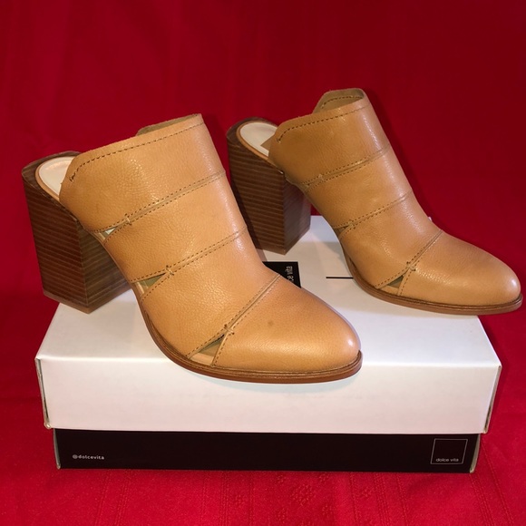 NEW DOLCE VITA CARAMEL LEATHER BLOCK HEEL MULES - Picture 6 of 8